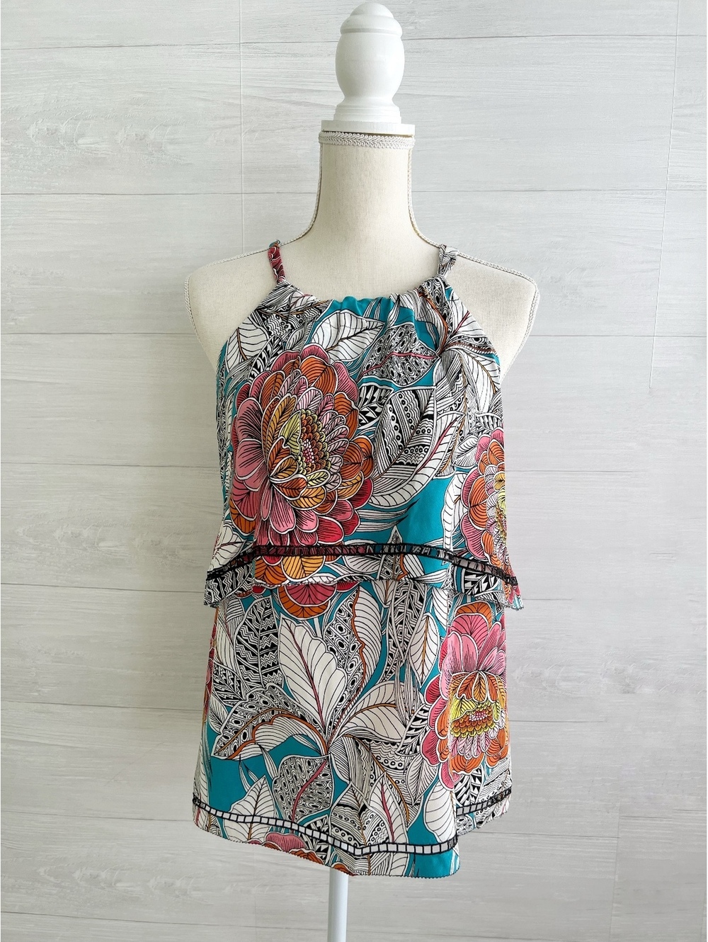 Trina Turk Silk Floral Halter Tank Top Medium Tie Neck Colorful